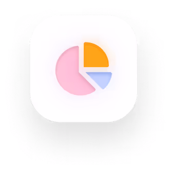 An icon featuring a pie chart with four segments: pink, orange, yellow, and light blue, set against a white background.