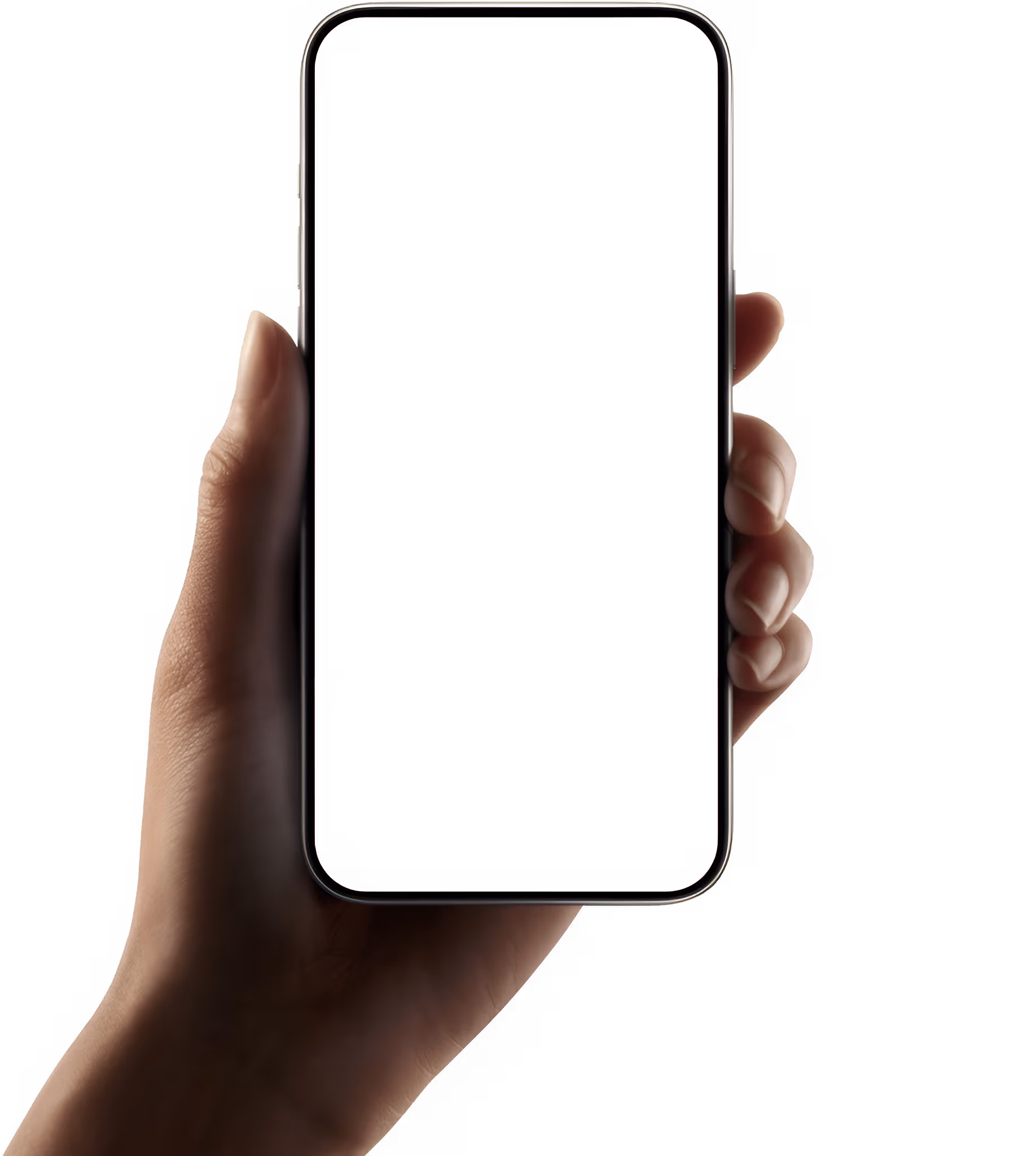 A hand holding a smartphone with a blank screen, against a blurred background. The phone appears sleek and modern.