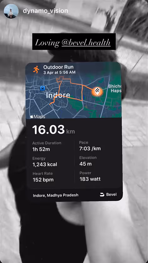 Running app screenshot showing a 16.03 km outdoor run in Indore, Madhya Pradesh with active duration 1h 52m, pace 7:03/km, 1243 kcal burned, elevation 45 m, heart rate 152 bpm, and power 183 watt.