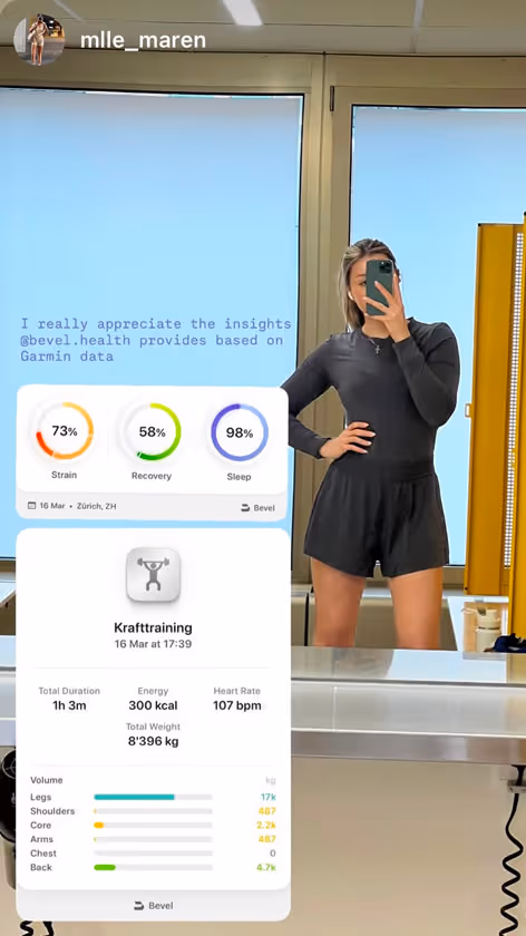 Woman in black athletic outfit taking a mirror selfie in a gym with overlay of Garmin data showing strain, recovery, sleep, and strength training metrics including duration, calories burned, heart rate, and weight lifted.