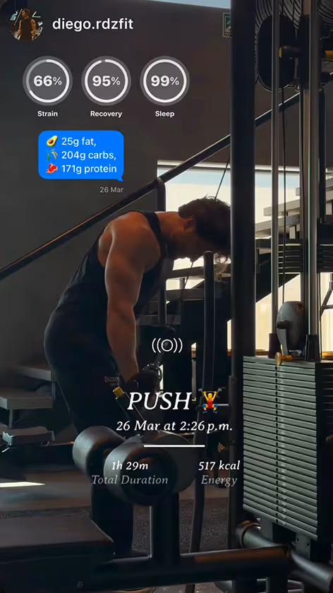 Man in a gym performing a push exercise using cable machine, with workout stats overlay showing 66% strain, 95% recovery, 99% sleep, 25g fat, 204g carbs, 171g protein, 1 hour 29 minutes duration, and 517 kcal energy burned.
