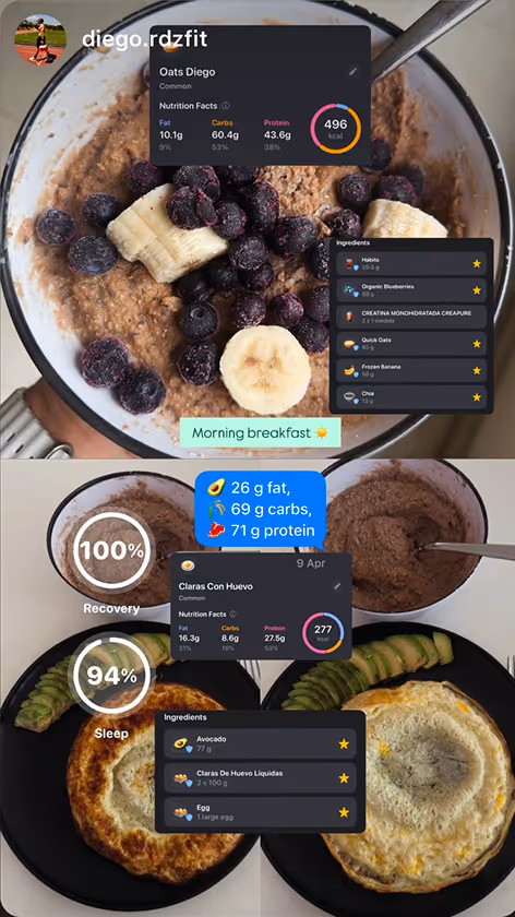 Collage of two breakfast plates with nutritional information overlays: oatmeal with bananas and blueberries showing 496 kcal, and two fried eggs with avocado slices showing 277 kcal along with recovery and sleep percentages.