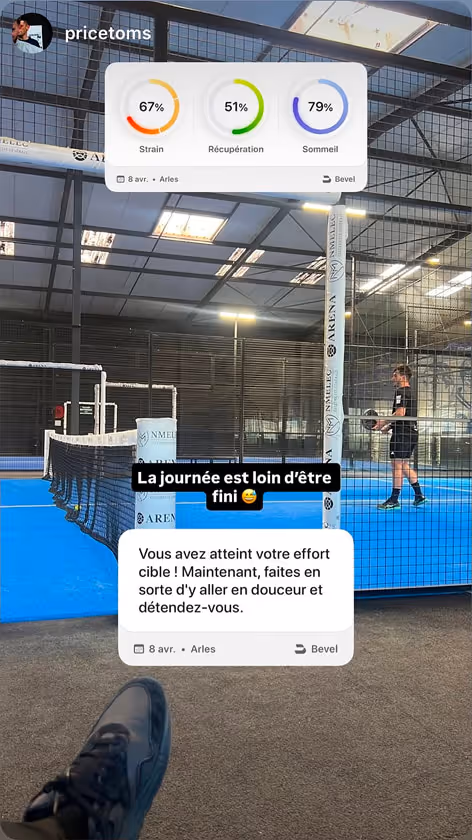 Indoor paddle tennis court with a player holding a paddle, a blue floor, net divides the court, and a sneaker visible in the foreground, overlaid with fitness tracking stats for strain, recovery, and sleep percentages.