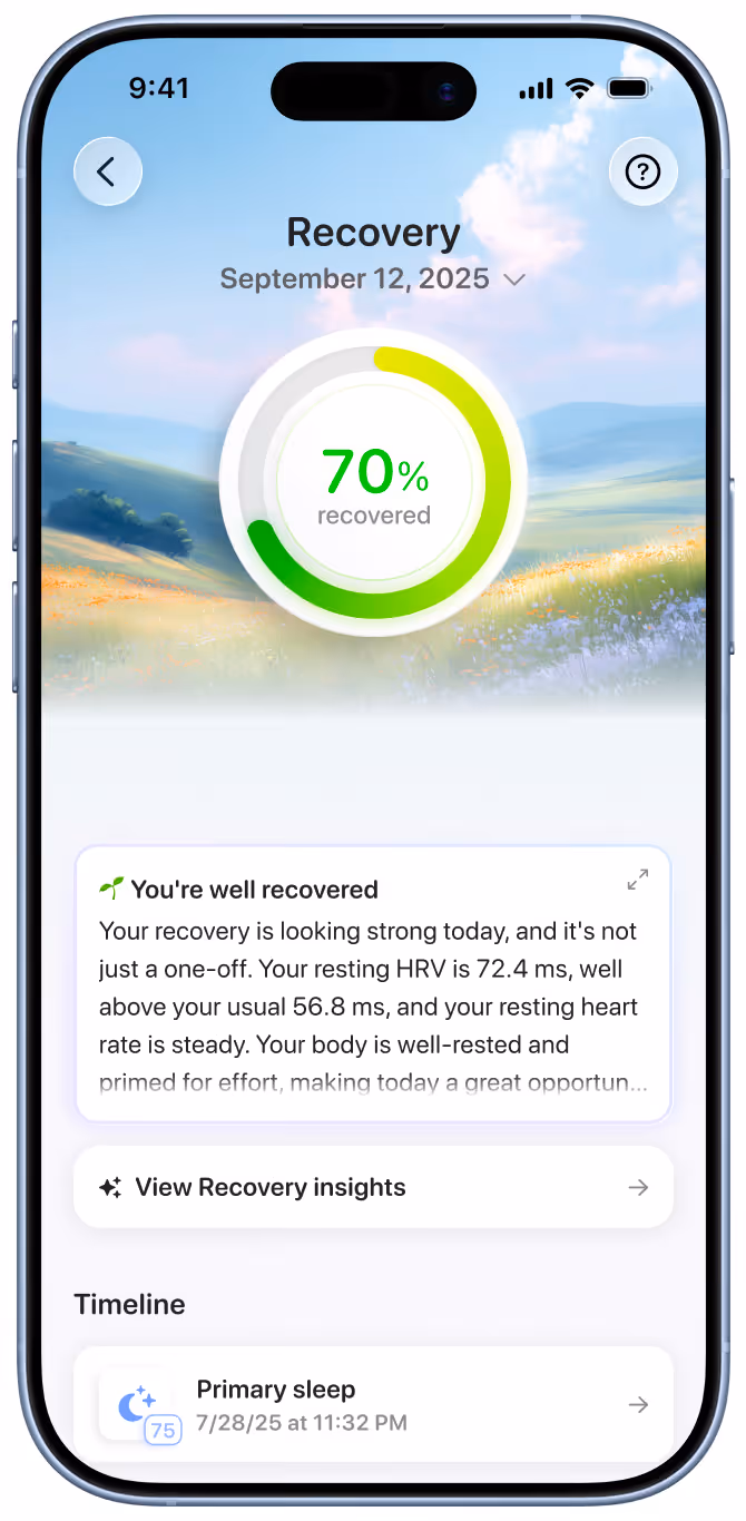 Mobile app screen showing 70% recovery status on September 12, 2025 with details on strong recovery and resting HRV and heart rate.