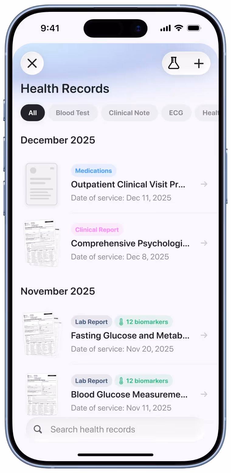 Mobile phone screen showing a health records app with medical documents filtered by all categories and dates from November and December 2025.