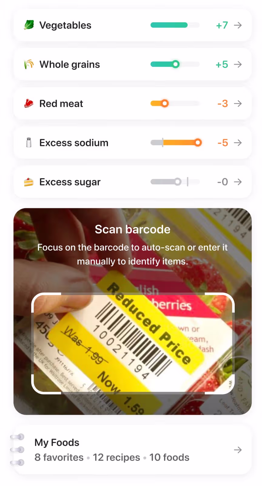 Food tracking app interface showing nutrition scores for vegetables, whole grains, red meat, excess sodium, and excess sugar, with a barcode scanner highlighting a reduced price sticker on strawberries.