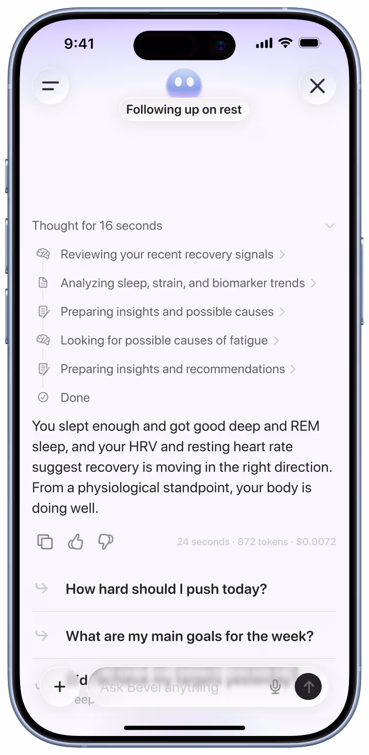 Mobile app screen showing recovery analysis with sleep and heart rate insights, indicating good deep and REM sleep and positive recovery trends.