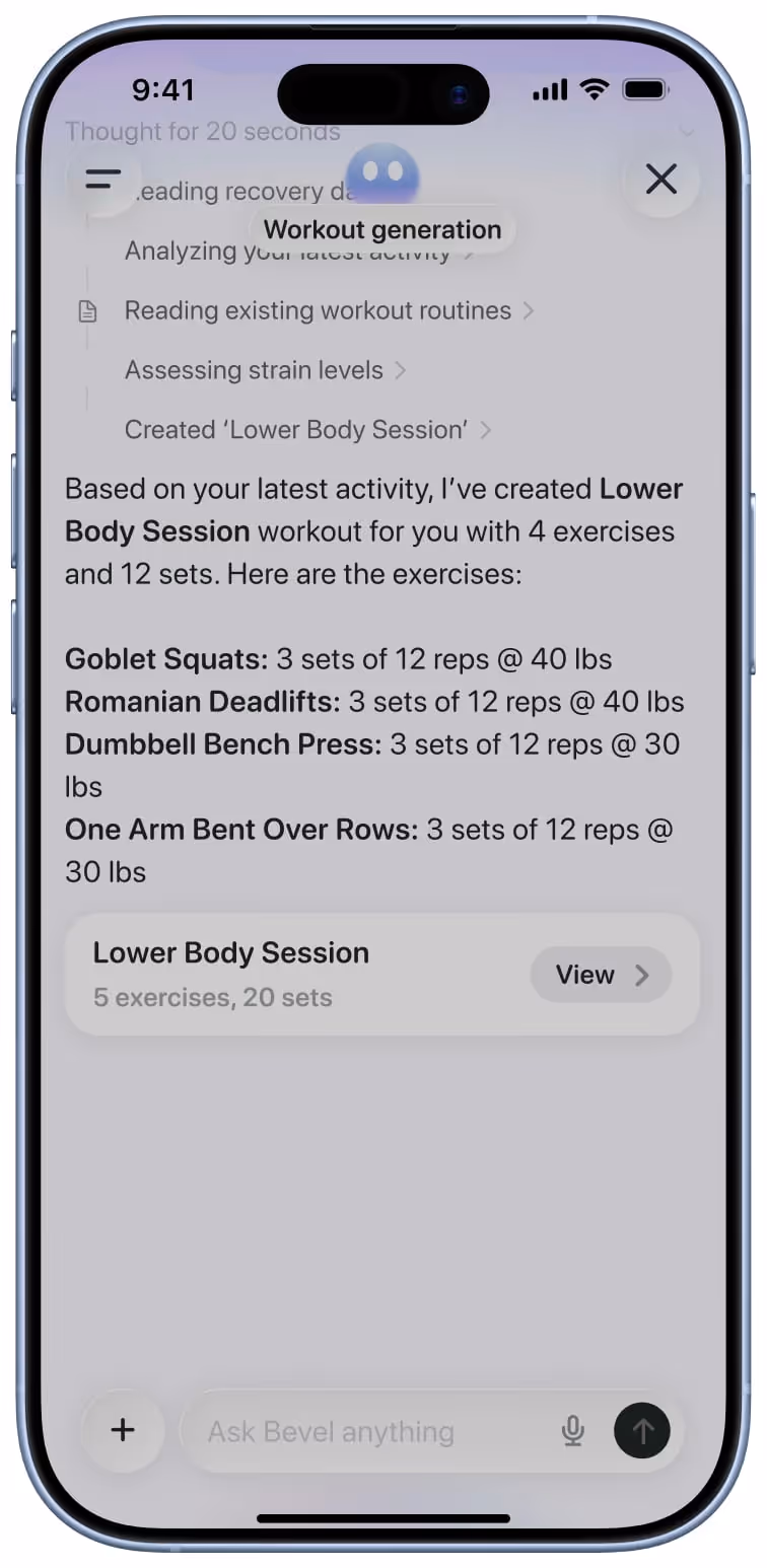 Smartphone screen showing a workout generation app with a Lower Body Session workout listing four exercises: Goblet Squats, Romanian Deadlifts, Dumbbell Bench Press, and One Arm Bent Over Rows with sets and reps.