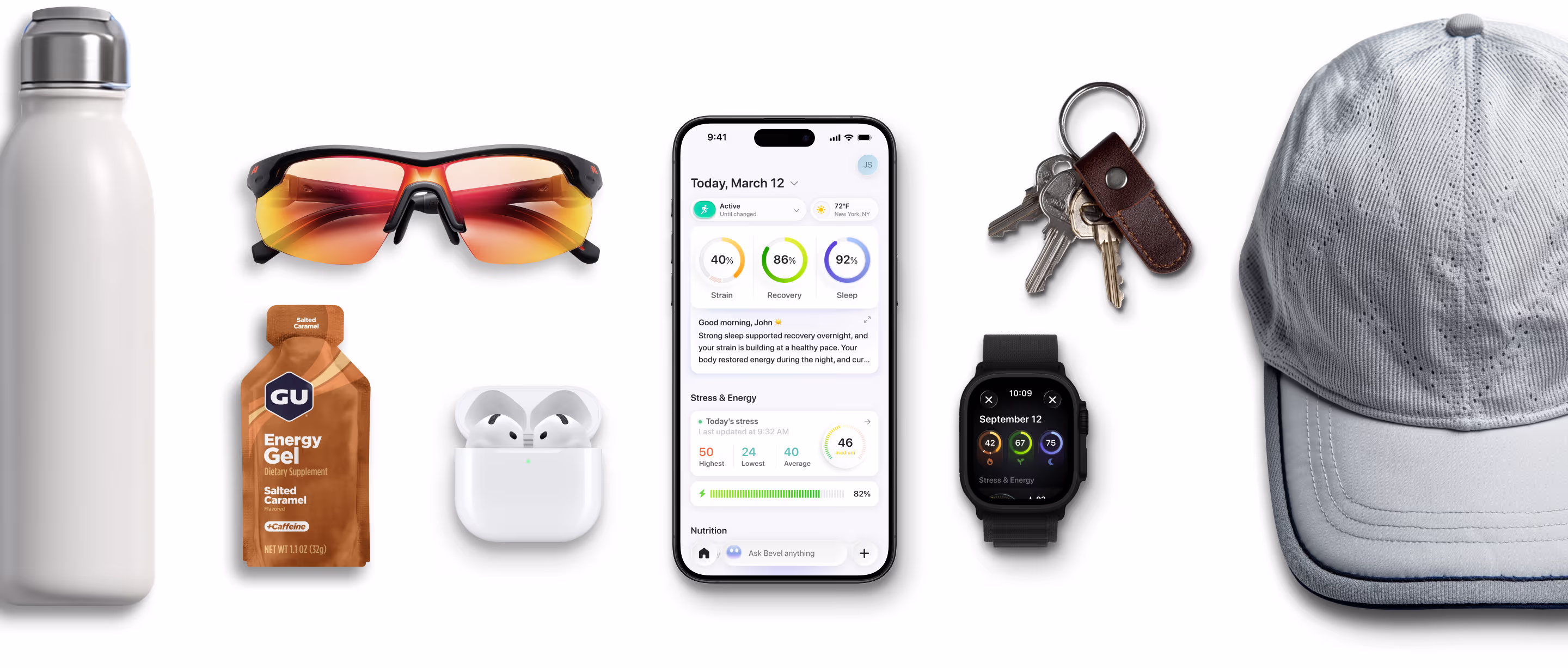Collection of fitness and daily essentials including a white water bottle, orange GU Energy Gel packet, black and red sports sunglasses, white wireless earbuds in a case, a smartphone displaying health tracking app, a smartwatch showing stress and energy stats, a keyring with three keys, and a light grey cap.
