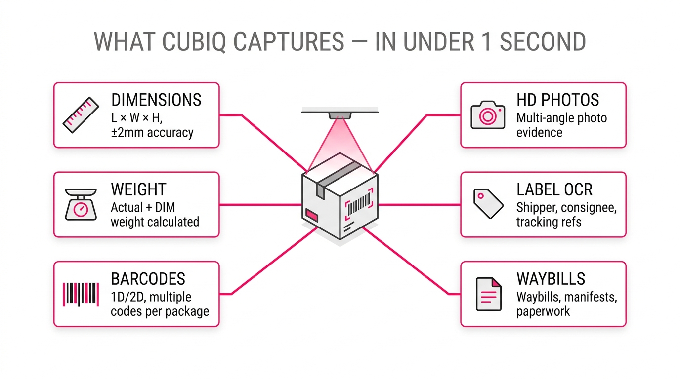 What CubiQ captures in under 1 second — dimensions, weight, barcodes, HD photos, label OCR and documents