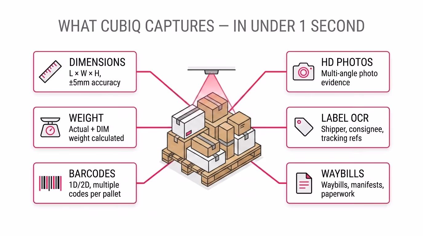 Diagram showing what Cubiq captures in under one second: dimensions with ±2mm accuracy, weight including actual and dimensional, barcodes with multiple codes per package, HD multi-angle photos, label OCR for shipper and tracking references, and waybills including manifests and paperwork.