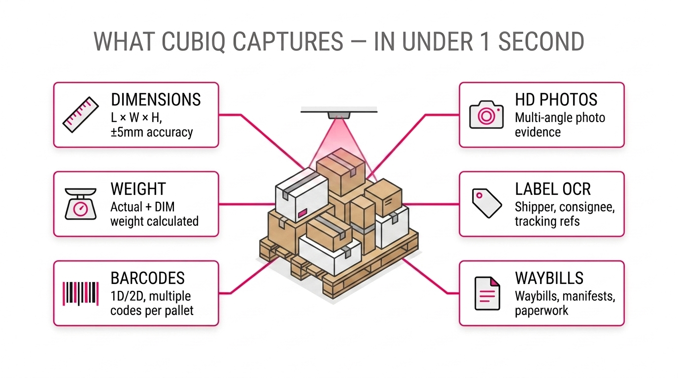 Diagram showing what Cubiq captures in under one second: dimensions with ±2mm accuracy, weight including actual and dimensional, barcodes with multiple codes per package, HD multi-angle photos, label OCR for shipper and tracking references, and waybills including manifests and paperwork.