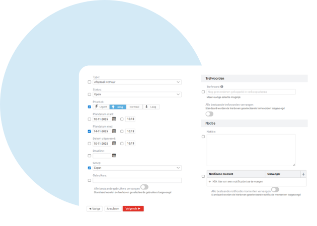 Yoobi bulkmutatie scherm voor het snel aanmaken en doorvoeren van meerdere mutaties tegelijk binnen bedrijven in Nederland – inclusief instellingen voor type, status, prioriteit, planning, trefwoorden en notificaties.