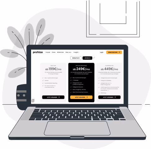 Illustration of a laptop displaying the pricing plans of the profitize platform, showing three options: Basic, Professional, and Enterprise.
