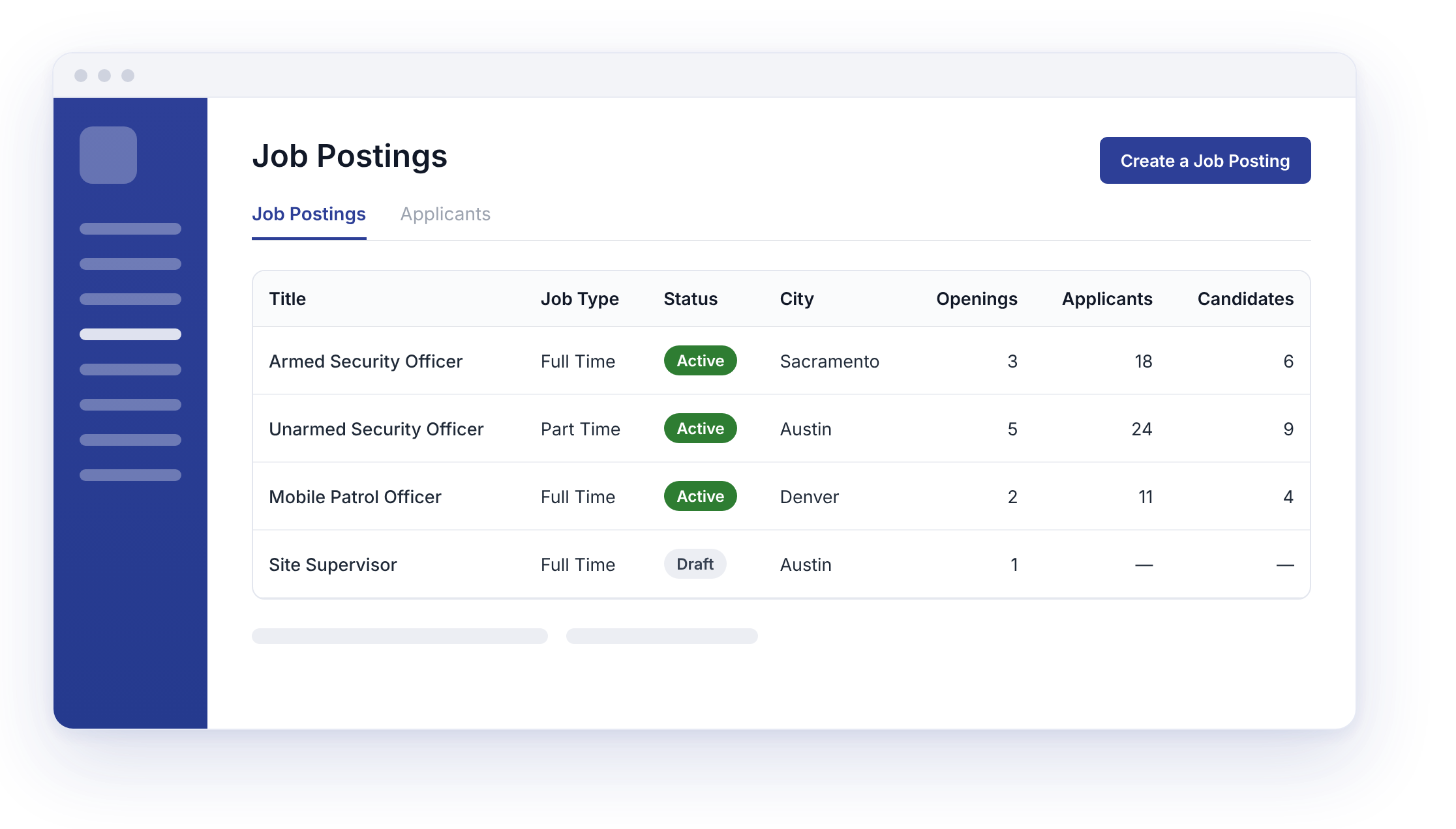Belfry Recruiting job postings list showing open security officer roles with applicants and candidates