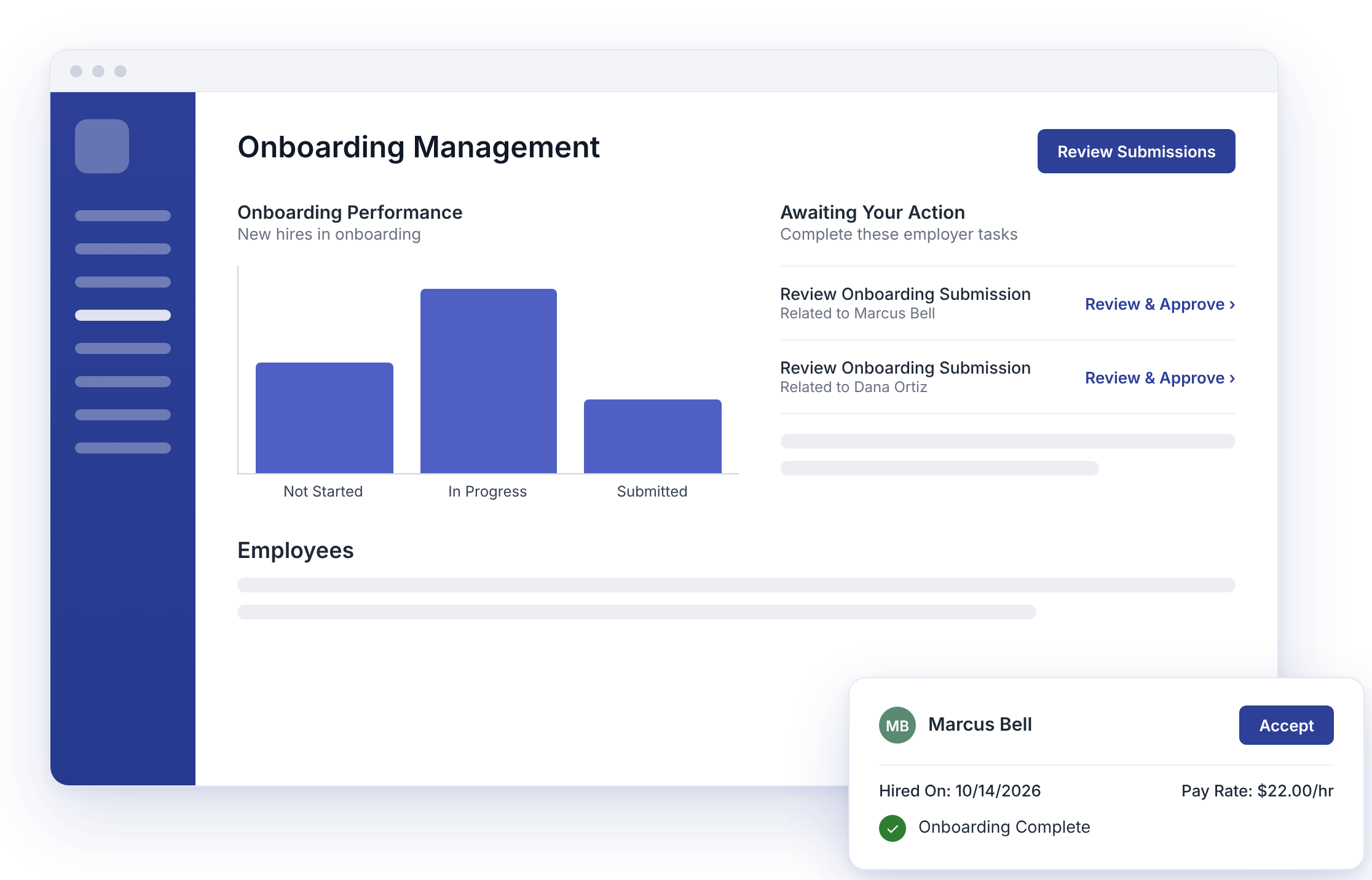 Belfry onboarding dashboard showing new hires in onboarding and a completed submission ready to accept