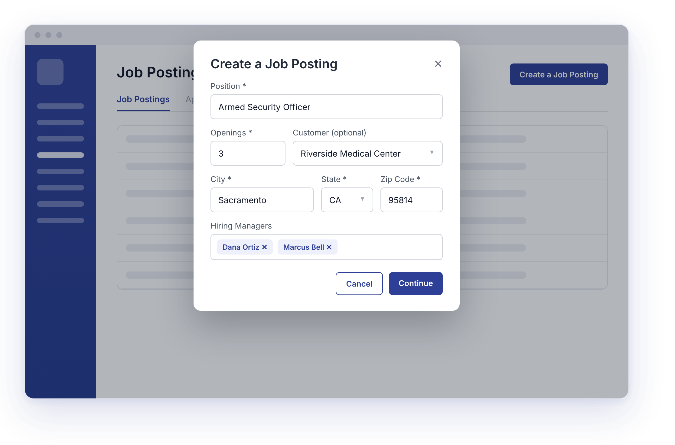 Creating a security officer job posting in Belfry Recruiting with location and hiring managers