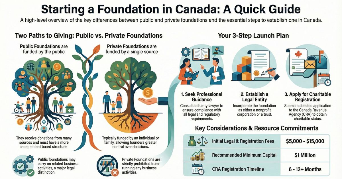 Canada foundation infographic showing public vs private foundations.