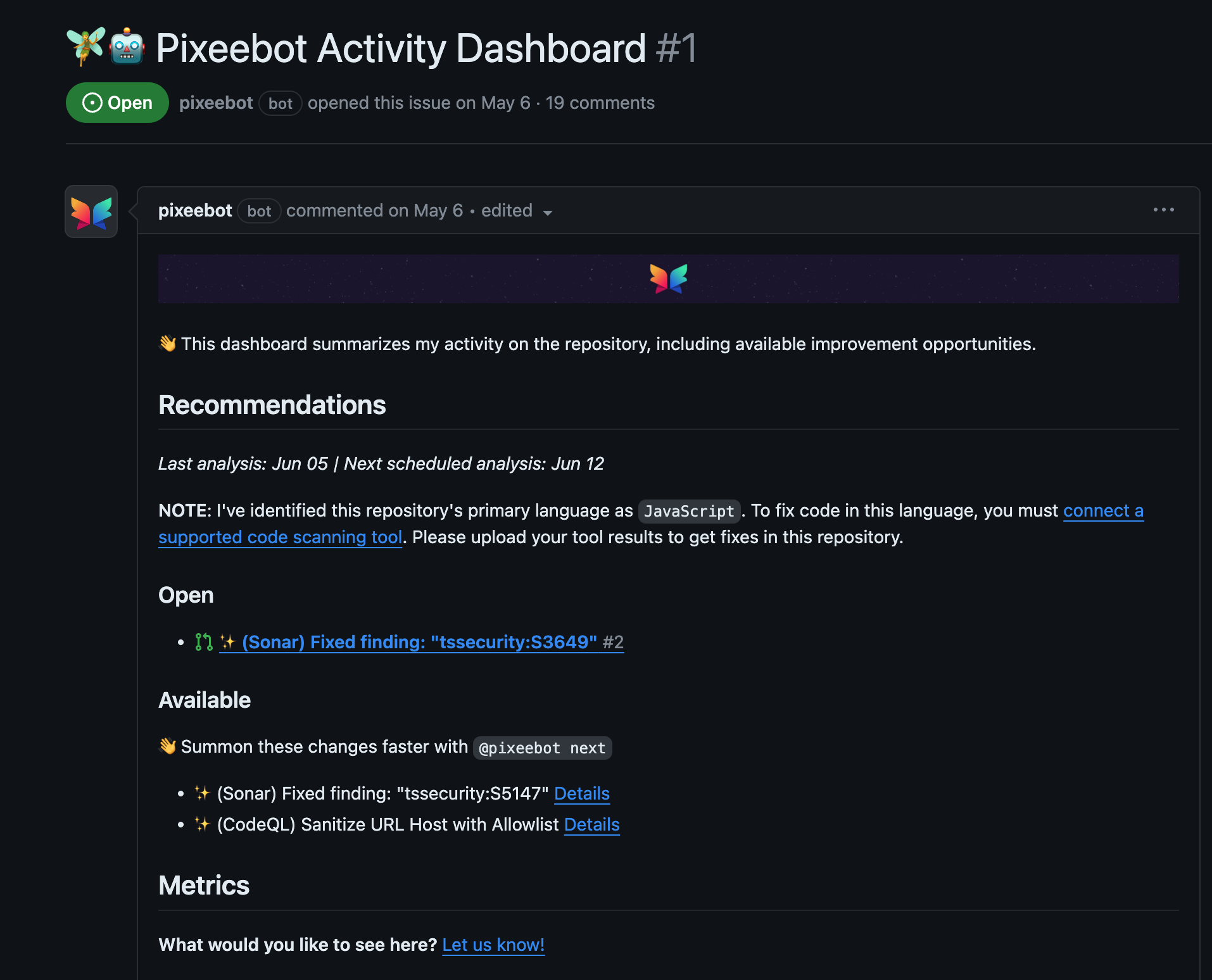 Pixeebot Dashboard GitHub for JavaScript