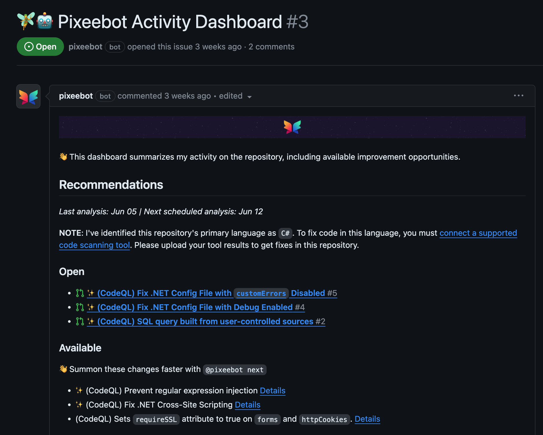 Pixeebot GitHub Dashboard for C#/.NET