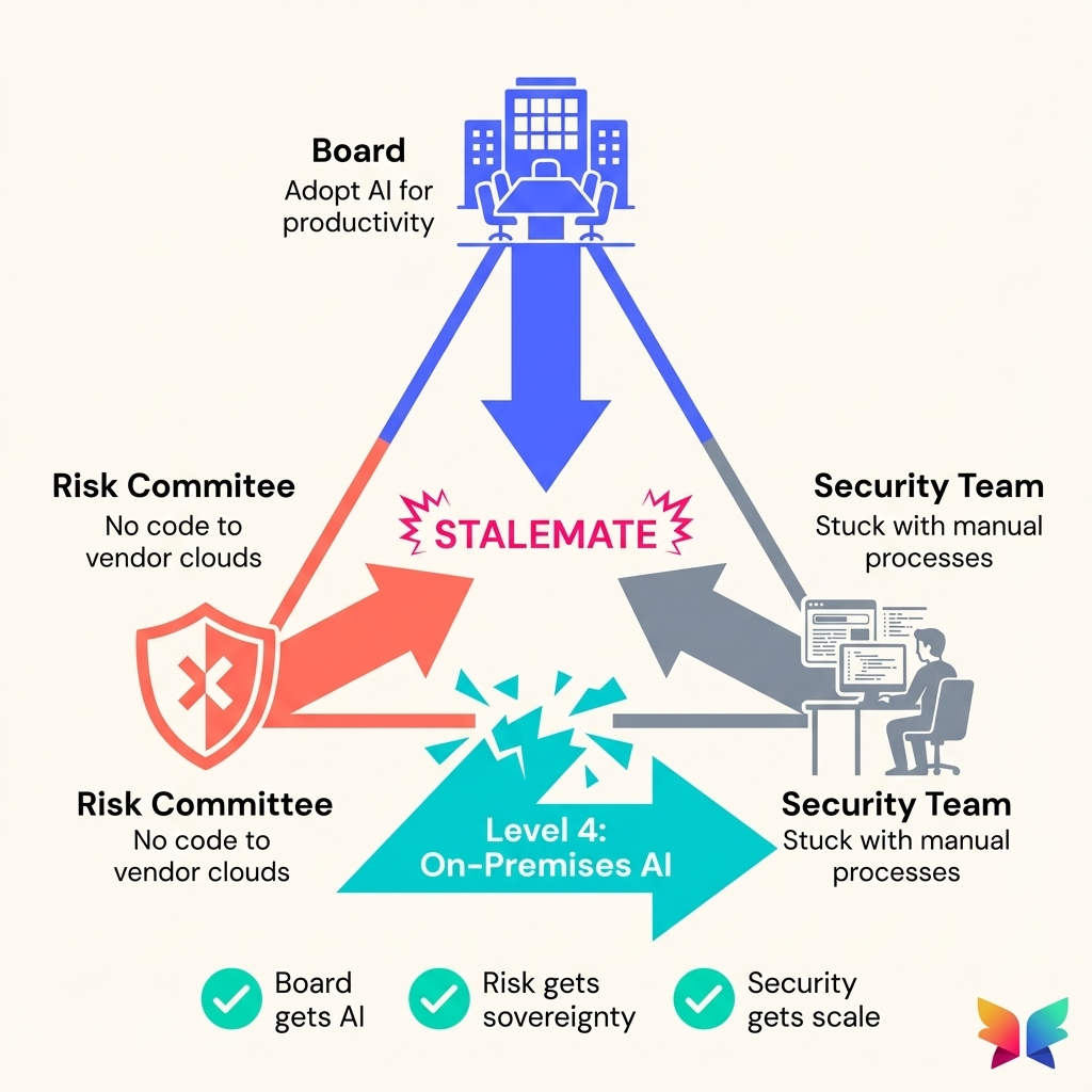Triangle showing three-way tension: Board wants AI, Risk Committee blocks cloud, Security team stuck