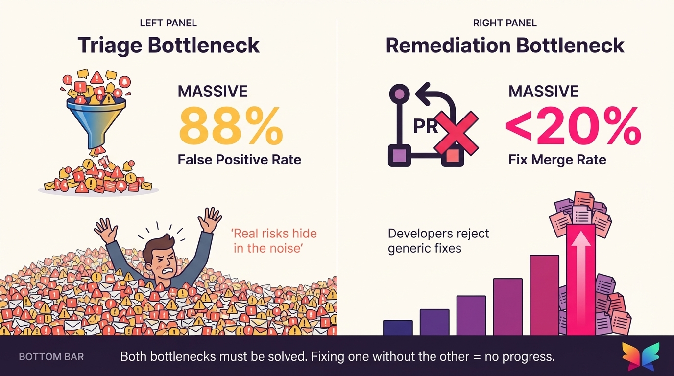 Two bottlenecks blocking AppSec progress: Triage at 88% false positives and Remediation at less than 20% merge rates