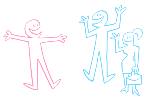 A man excitedly welcoming another man and a woman holding a briefcase.