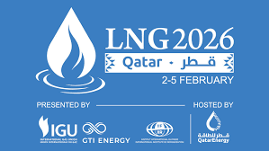 LNG 2026 Qatar event logo with a blue flame icon, dates 2-5 February, presented by IGU, GTI Energy, and hosted by QatarEnergy.