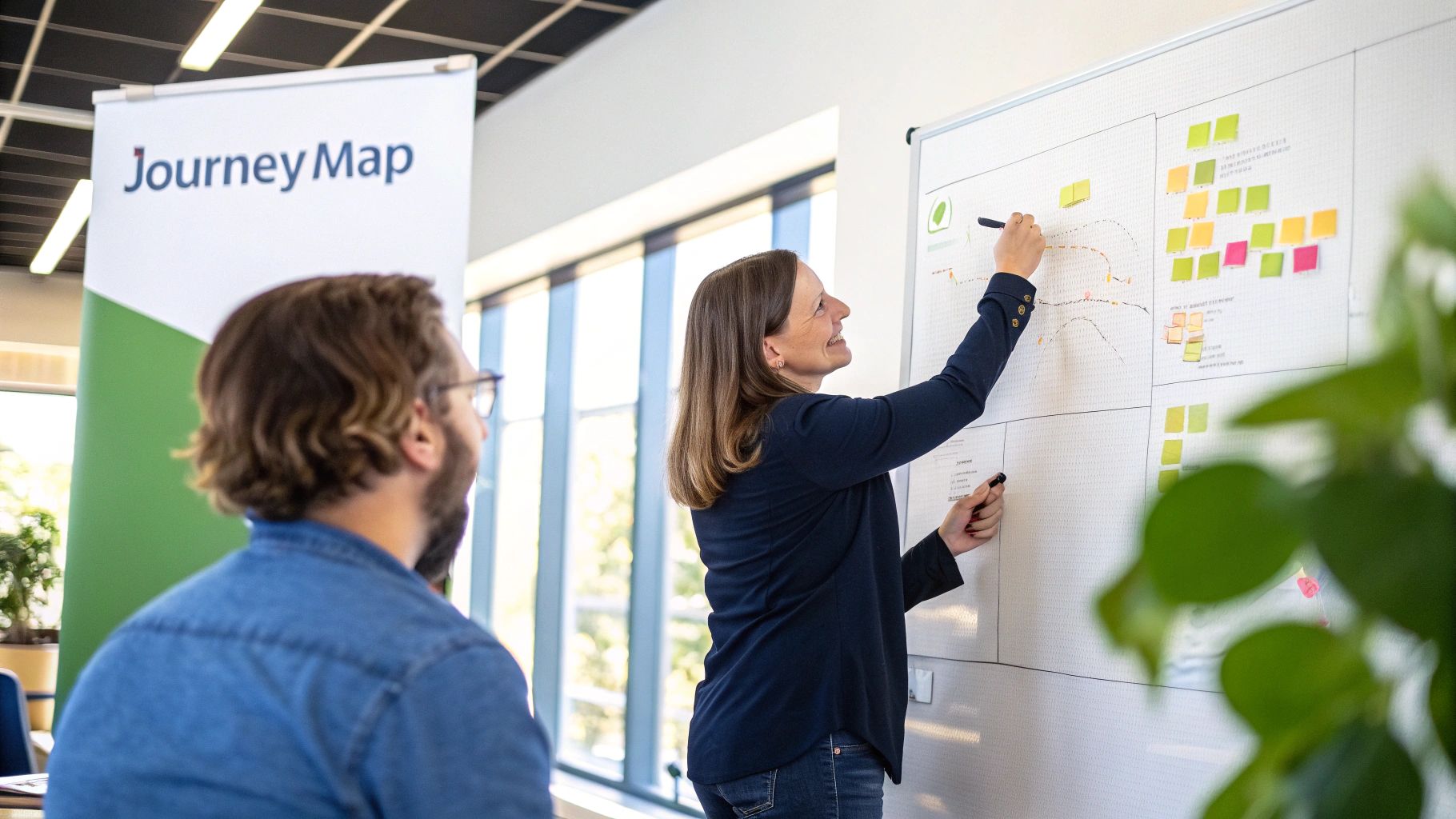 A detailed customer journey map showing different stages, customer actions, thoughts, feelings, and opportunities.