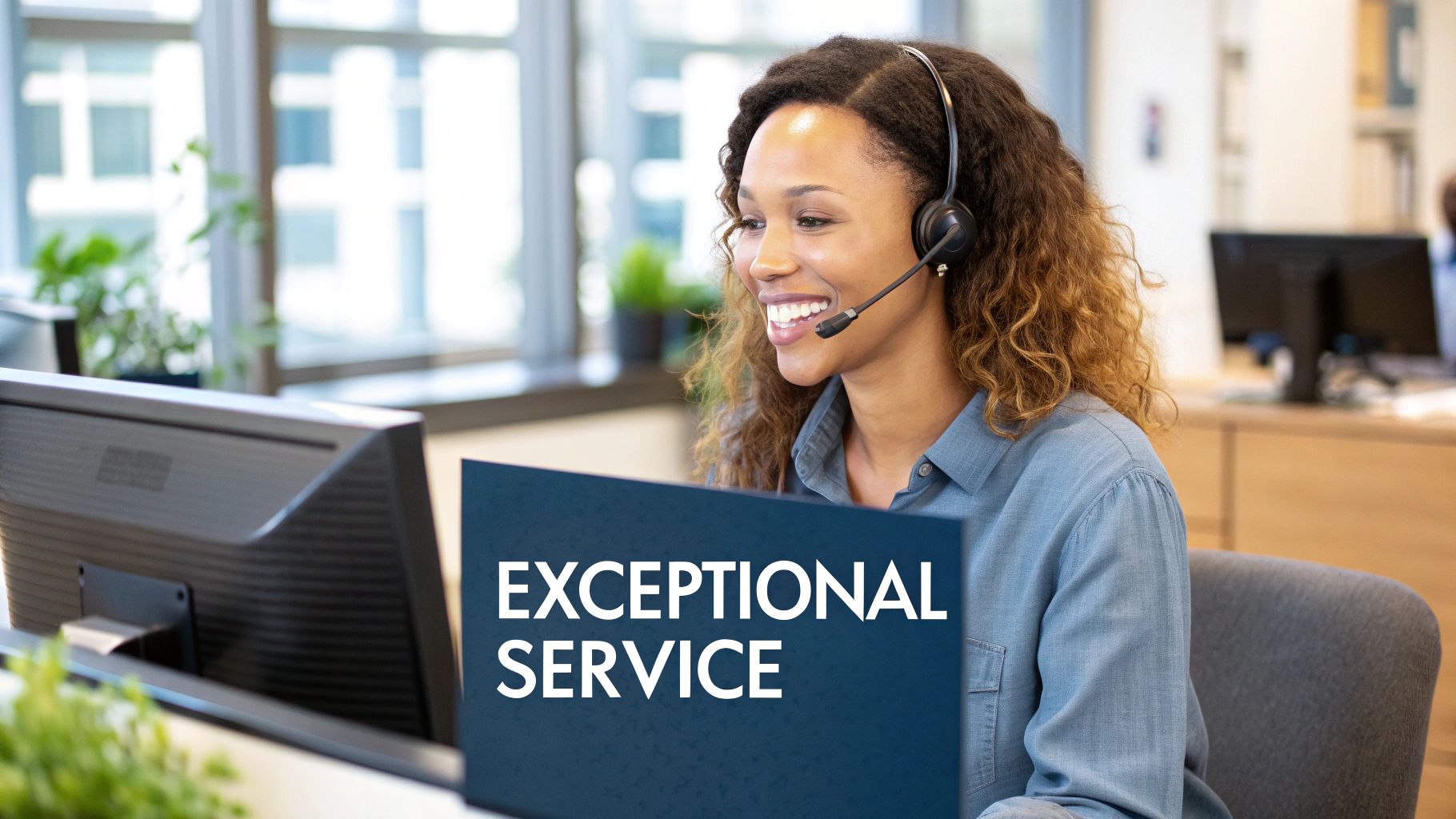 Graphic showing a customer service agent helping a customer, symbolizing exceptional service