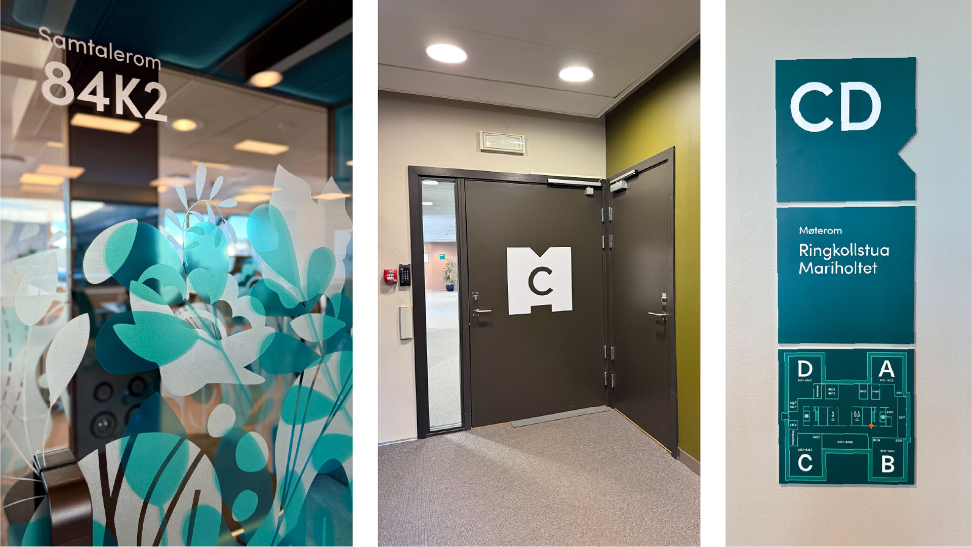 Bilder av veifinningsdesign og folie i Helsfyr-lokalene til Miljødirektoratet