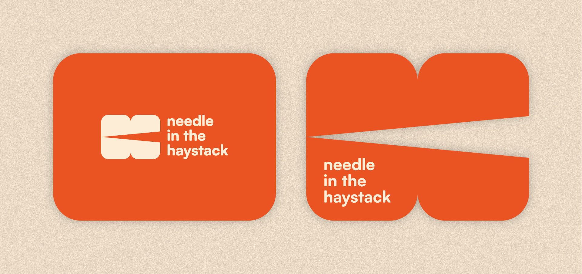 Eksempelbilde som viser Needle sin vanlige til venstre på en oransje flate, og deres tilleggslogo til høyre