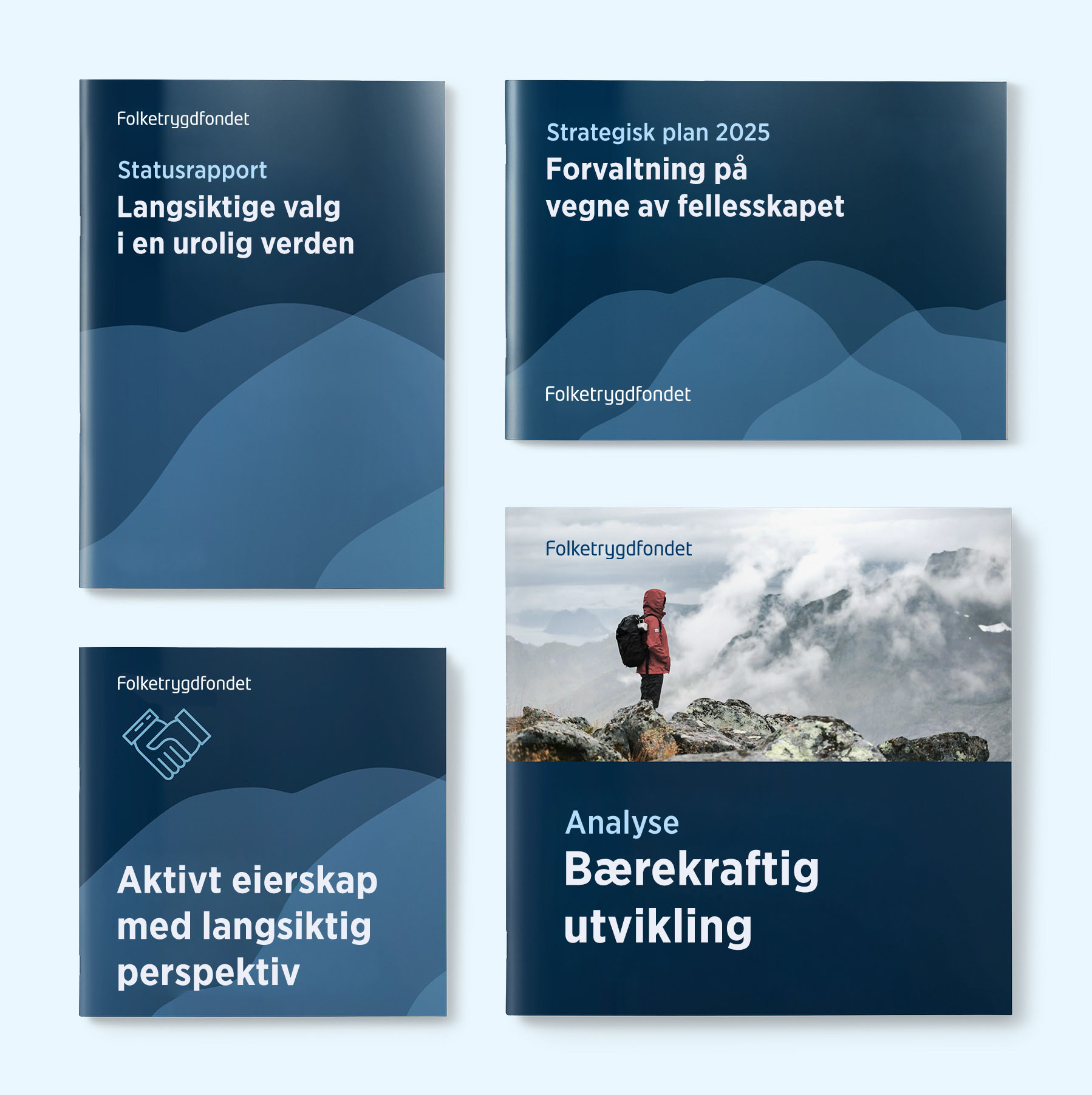 Bilde av eksempler på oppsett for ulike brosjyrer og rapporter.