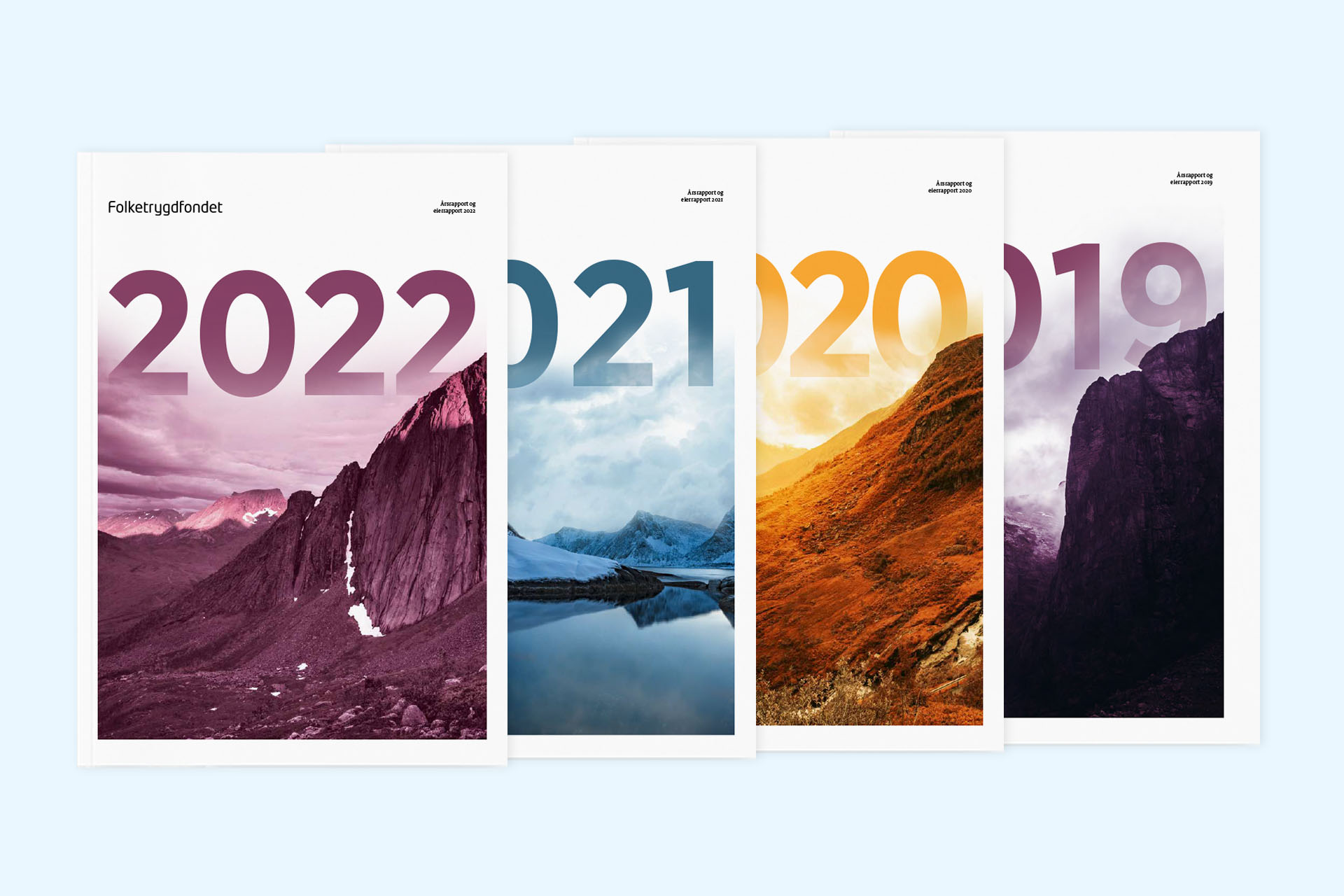 Bilde av forsider på tidligere årsrapporter laget for Folketrygdfondet.