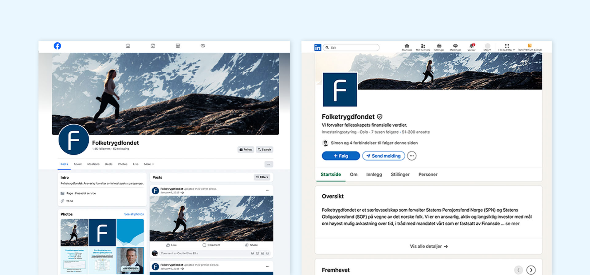 Bilde av Folketrygdfondets Facebook og LinkedIn med gjenkjennelig bildebanner av turgåer og logosymbol.