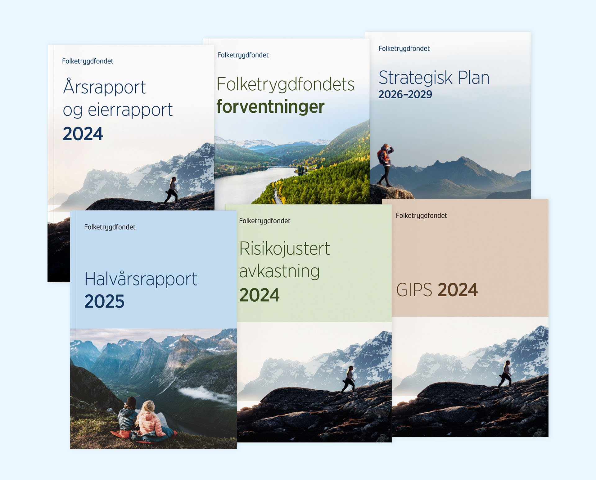 Bilde av forsider på ulike rapporter laget for Folketrygdfondet.