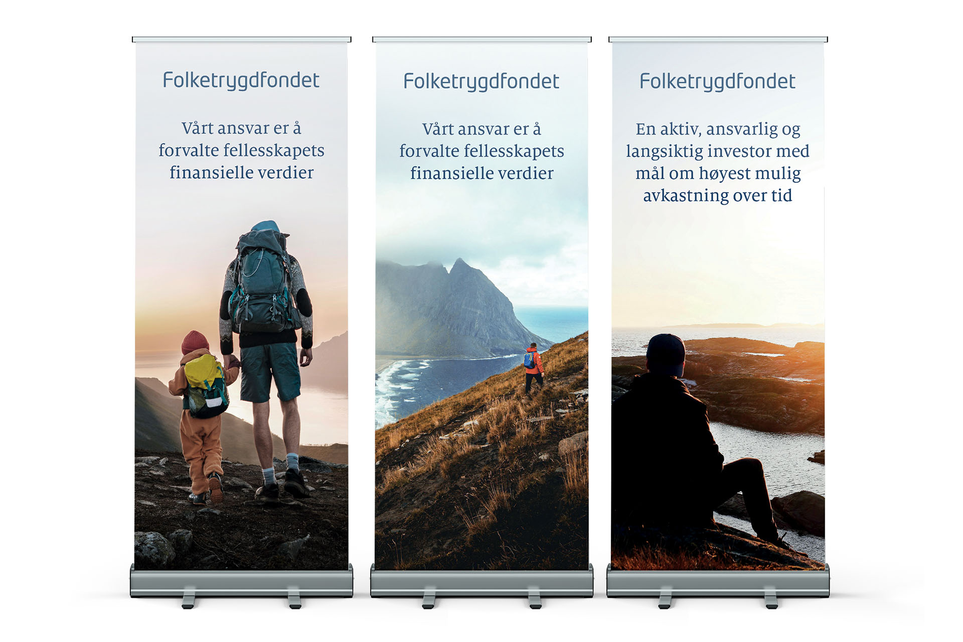 Bilde av tre rollups designet av Miksmaster for Folketrygdfondet