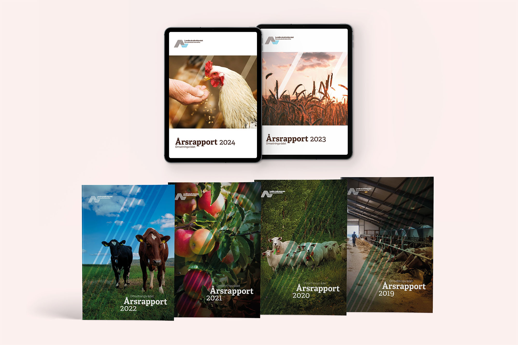 En samling av alle forsidene for Omsetningsrådets årsrapporter fra 2019 til 2024