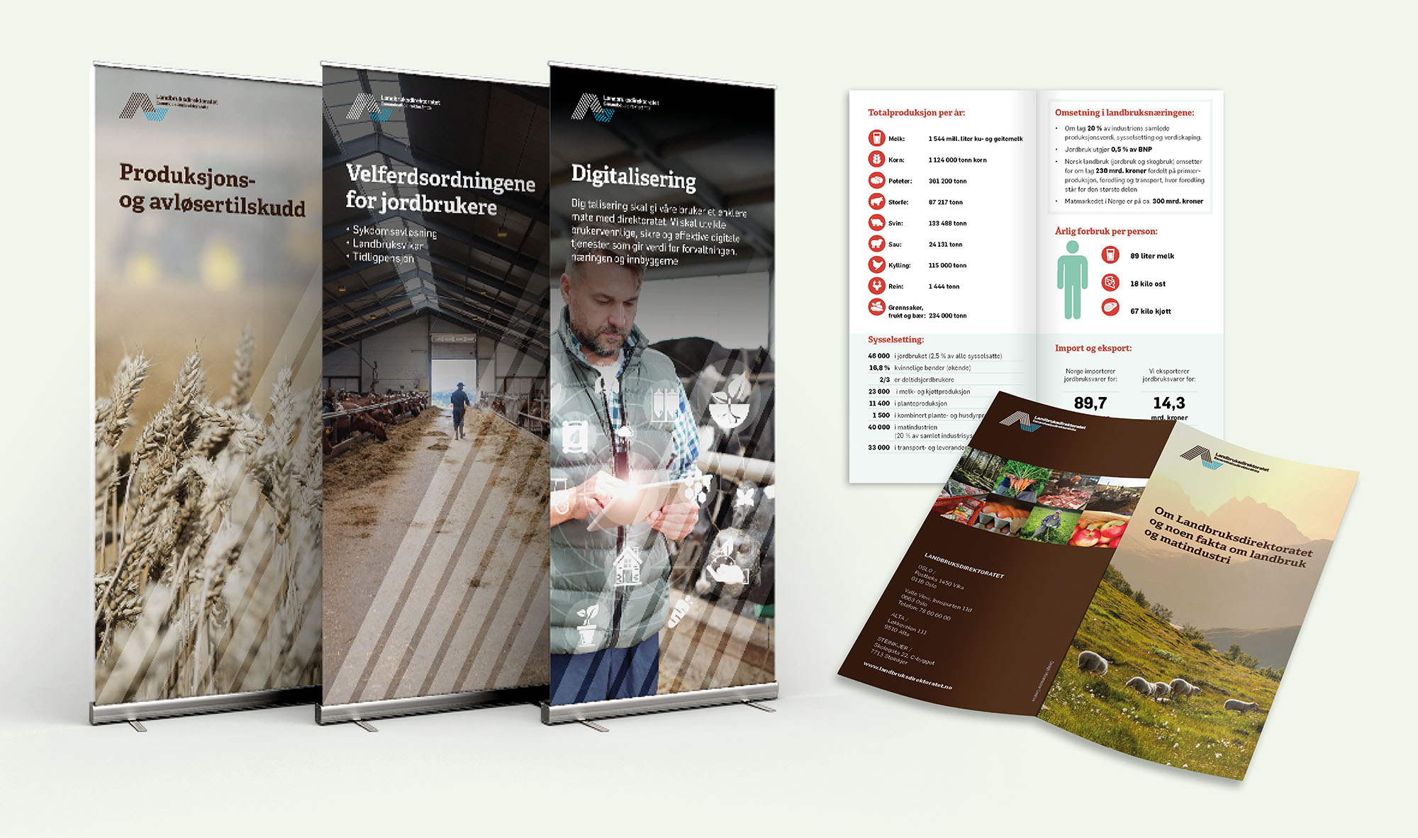 En samling av markedsmateriell, inkludert rollups og brosjyrer