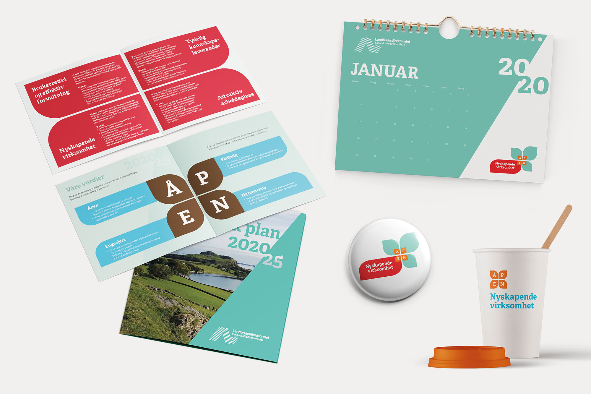 Markedsmateriell for landsering av intern profil, inkludert kalender, brosjyrer, pins og kopper