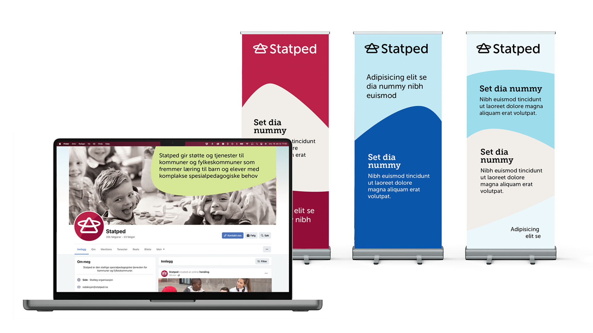 Eksempel på hvordan Statpeds nye profil kan benyttes på Facebook og i rollups