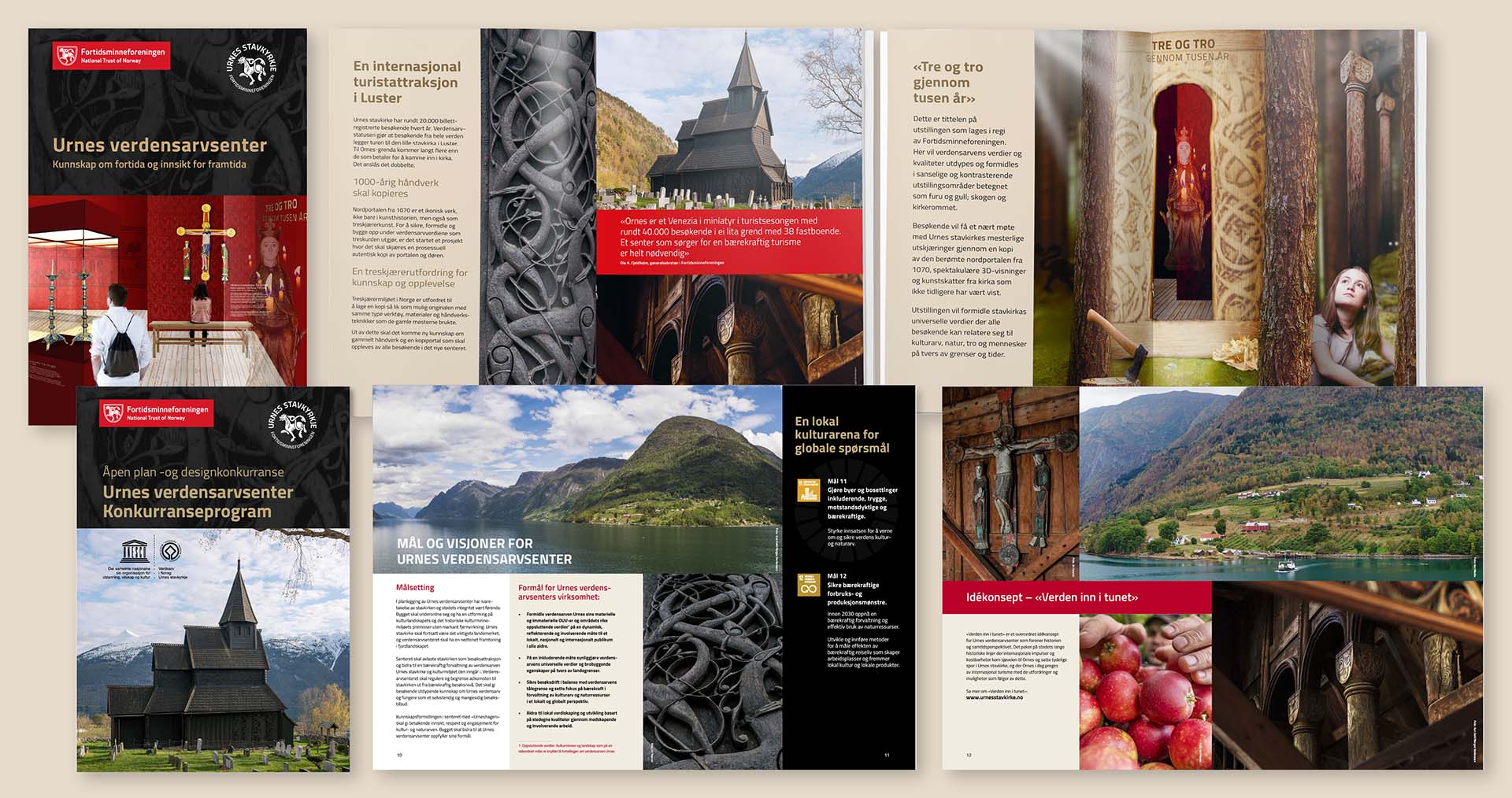 En samling med oppslag fra brosjyrer om verdensarvsenteret