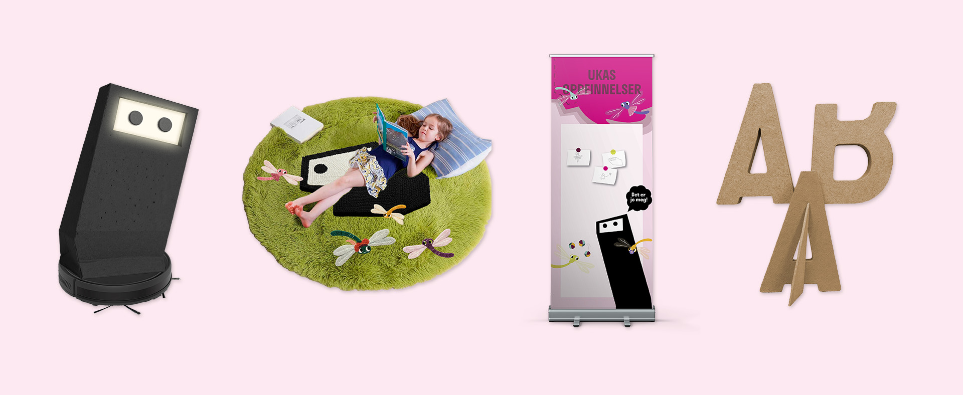 Eksempler på mulighetene for fysisk markedsmateriell som tepper, Bæluba-figurer og rollups