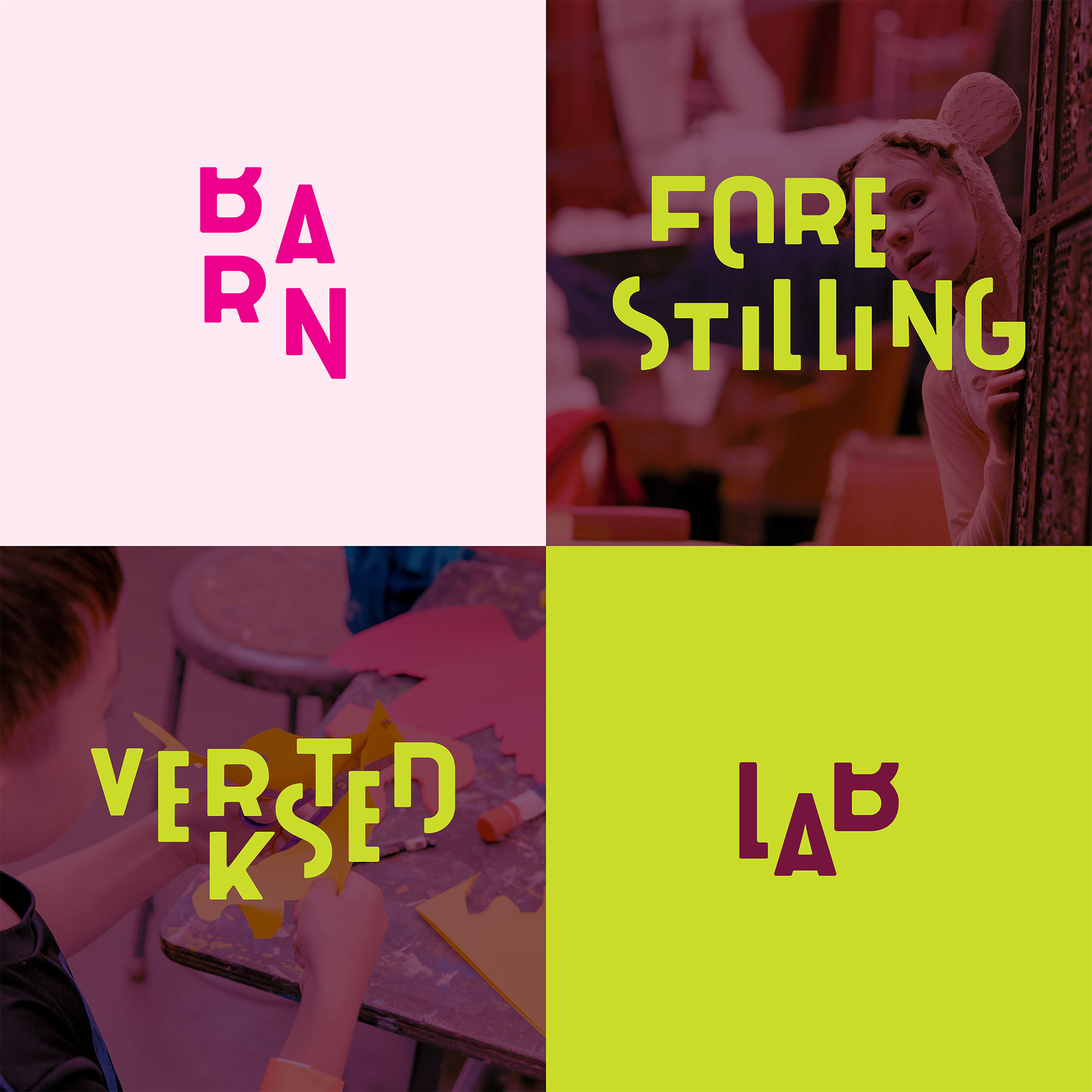 Bilde av de ulike kateogriene: Barn, Forestilling, Verksted, Lab