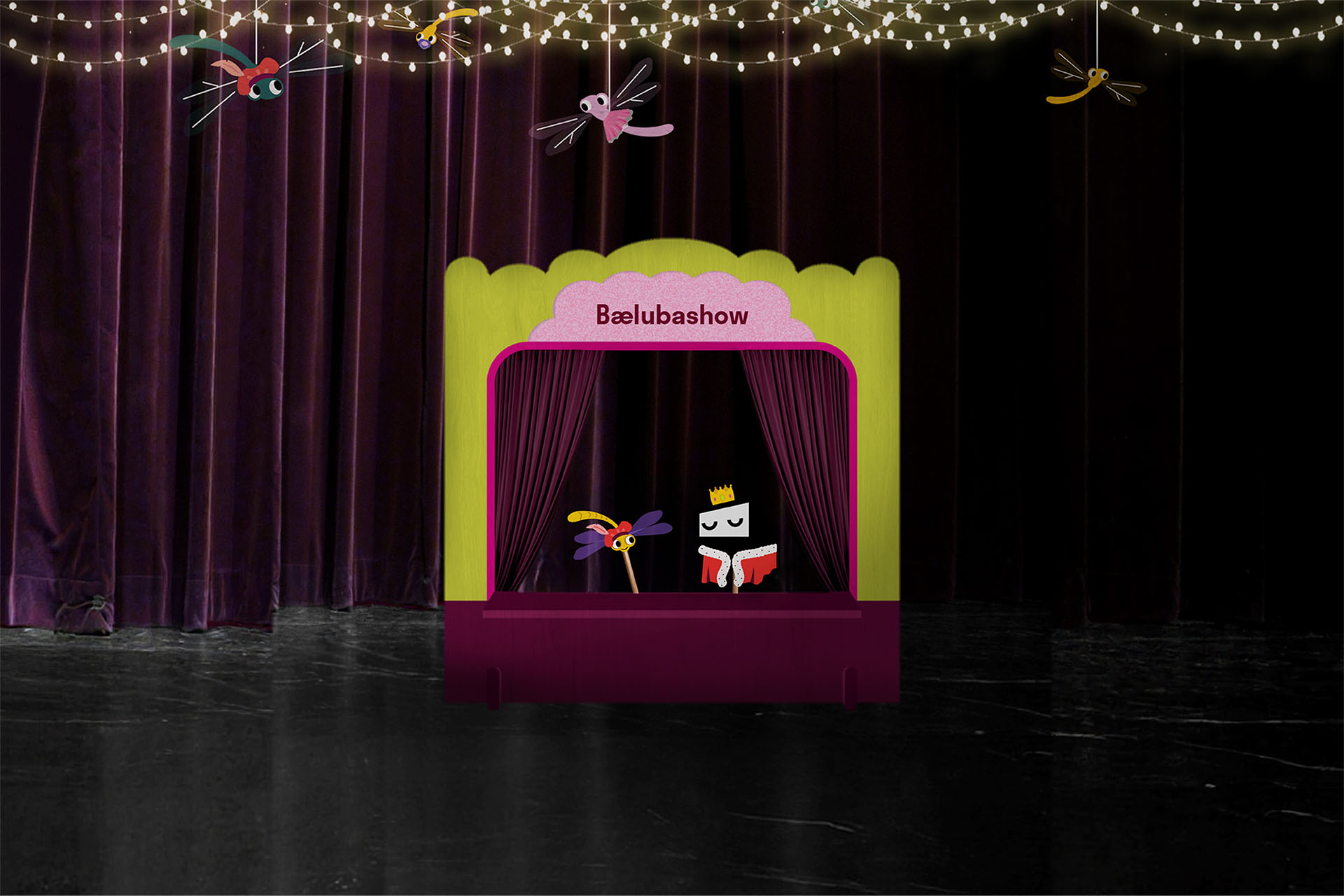 Mockupbilde av et dukketeater med Bæluba og Svirre i hovedrollene