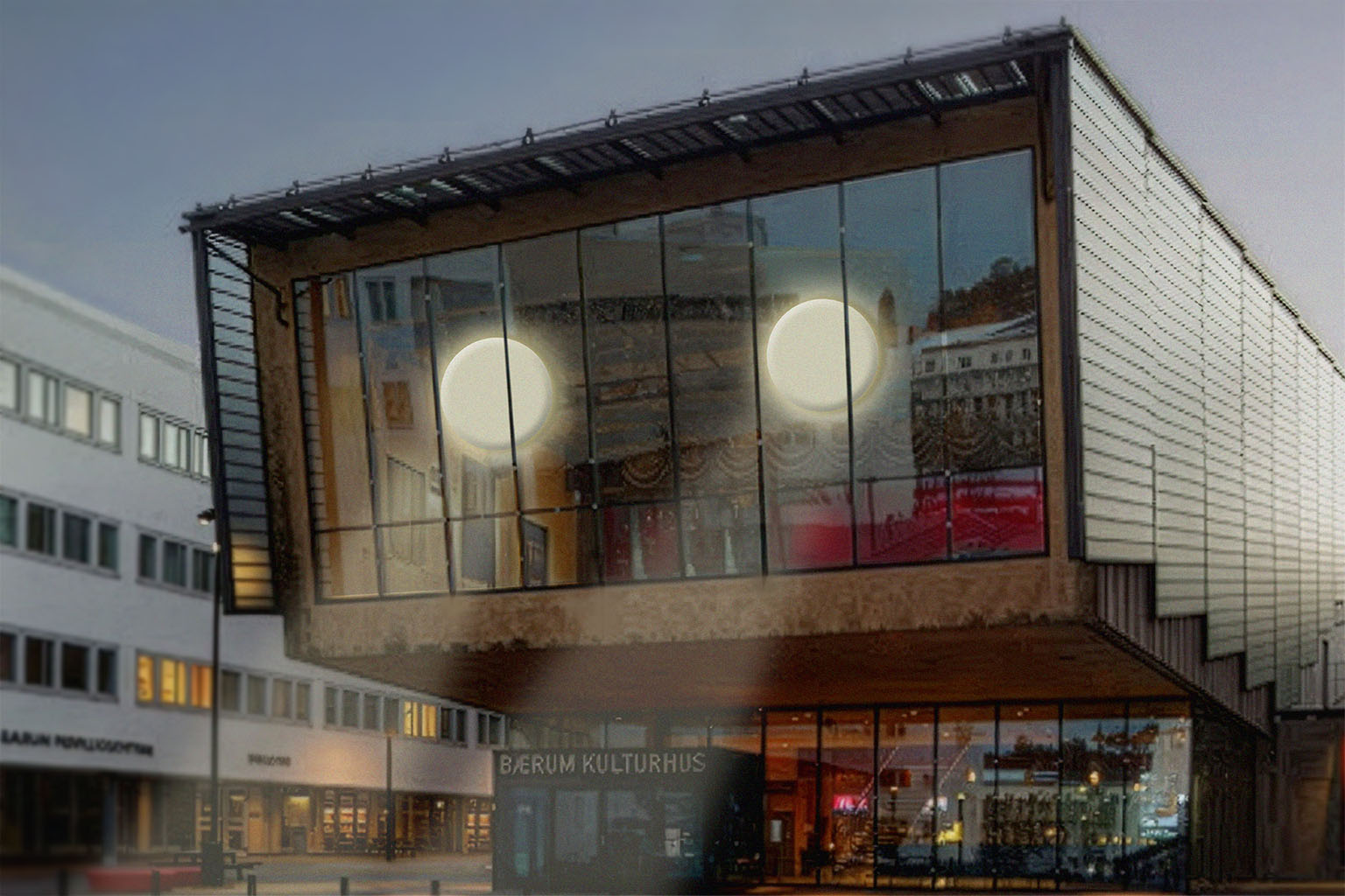 Mockup for hvordan det fysiske Kulturhuset kunne sett ut med lyskastere som forestiller øyne