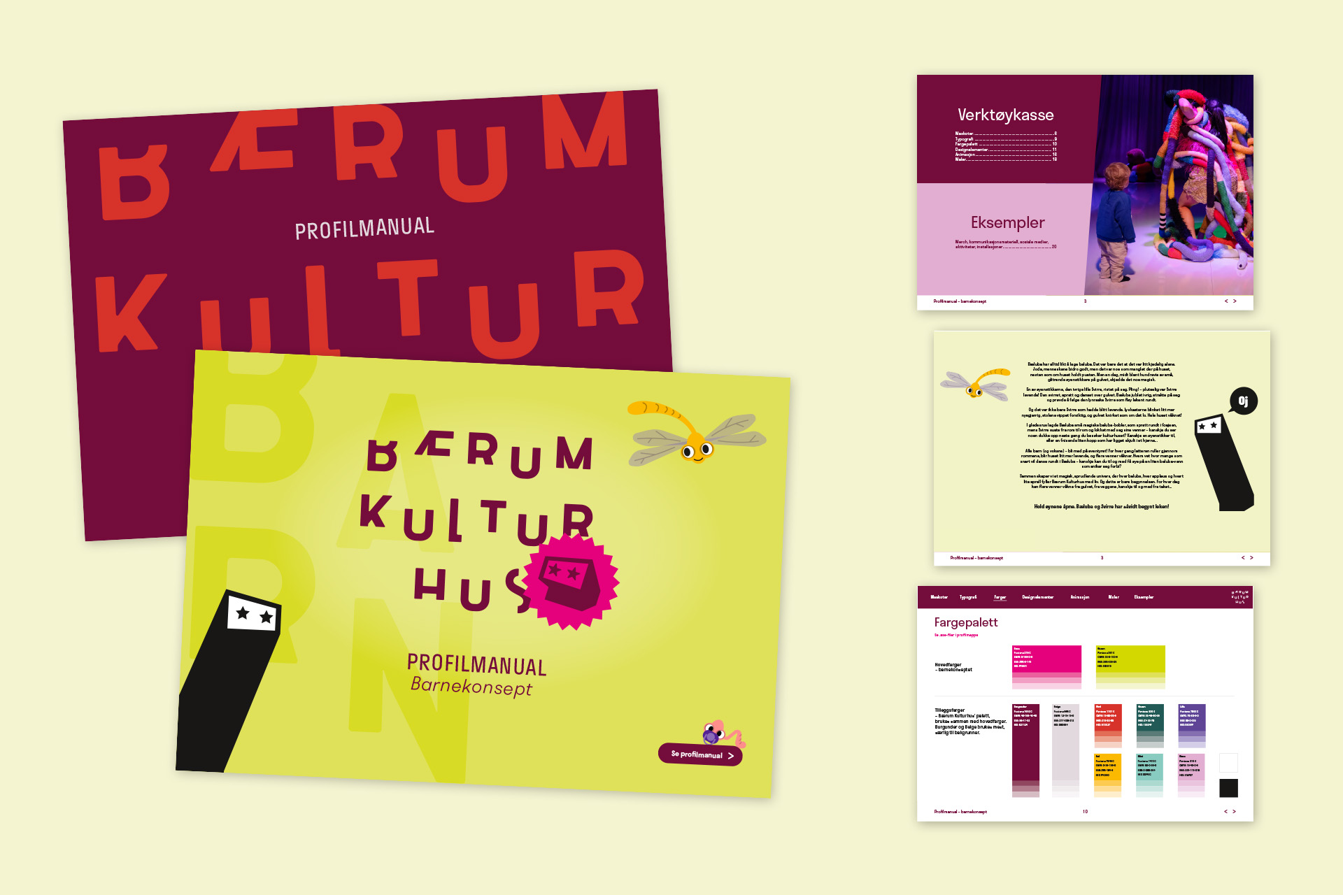 Forside og oppslag fra profilmanualen til Bærum Kulturhus og deres barnekonsept