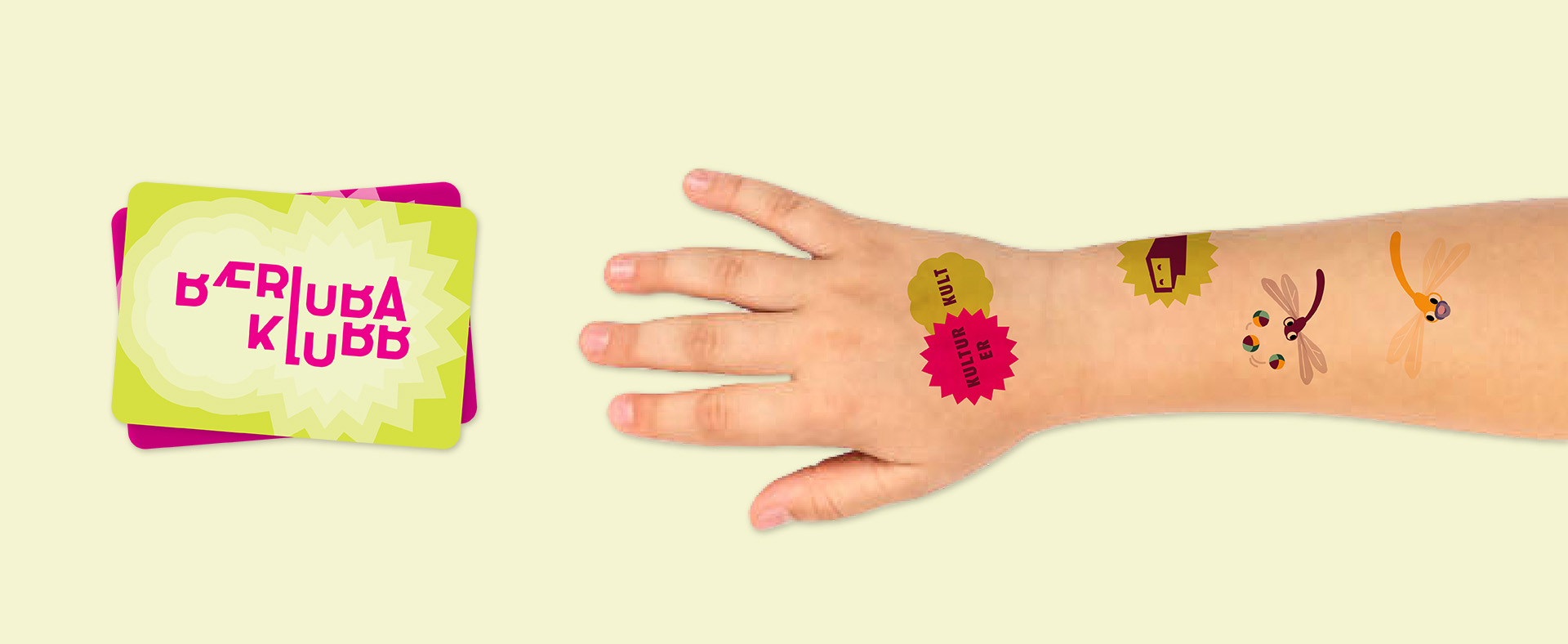 Klistremerker og maskotene fra barnekonseptet til Bærum Kulturhus som midlertidige tattoveringer