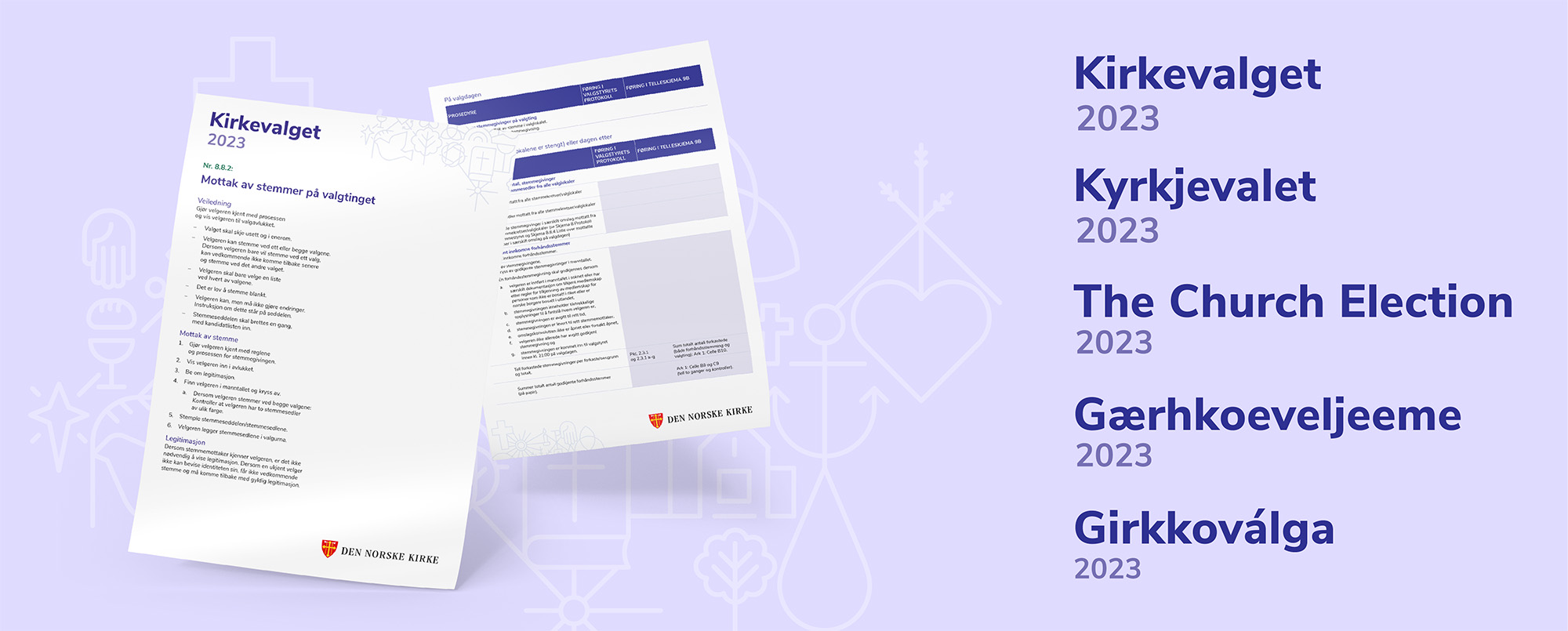 Bilde av logoer for Kirkevalget og eksempel på skjema.