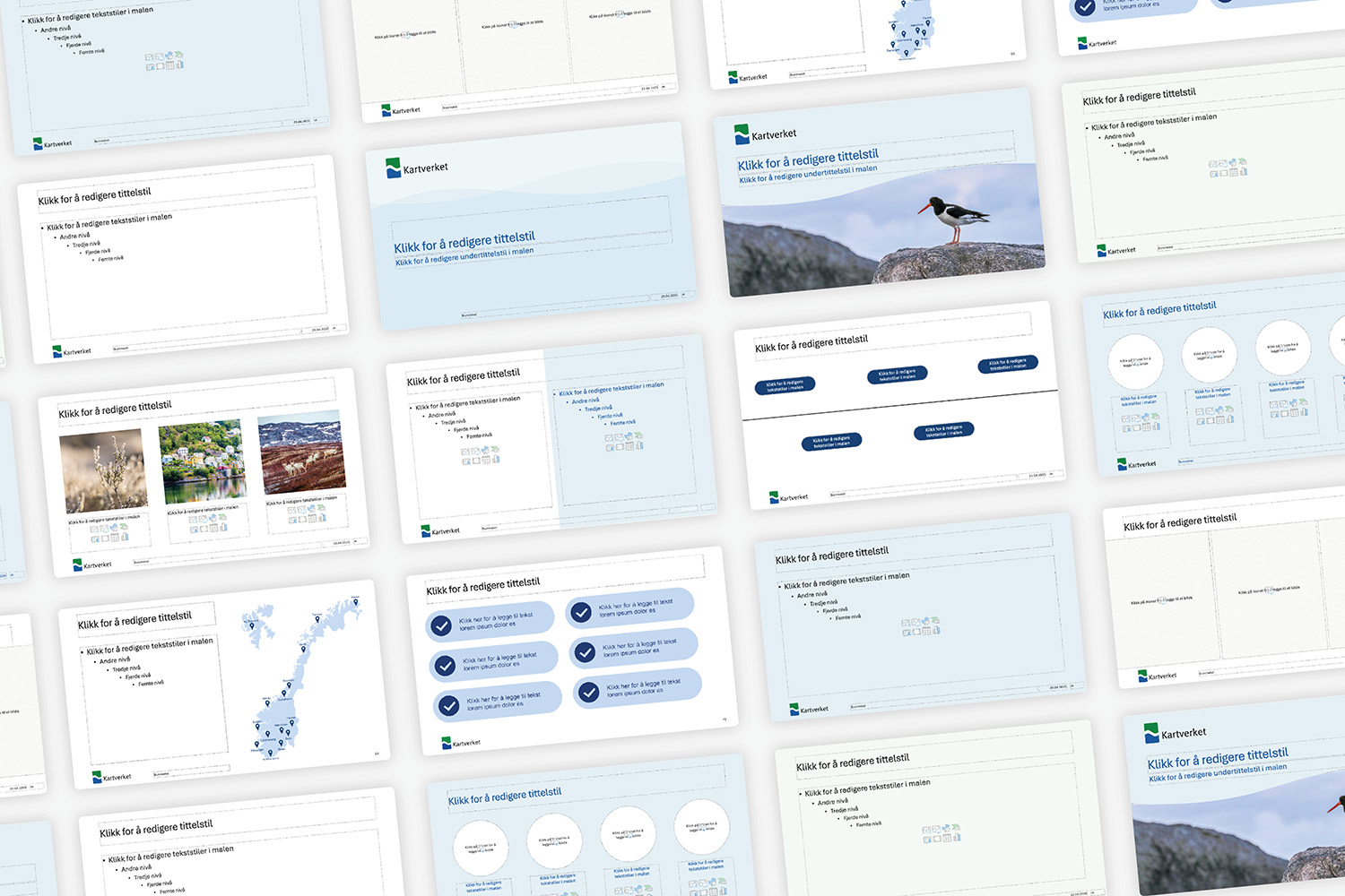 Bilde av et utdrag sider fra Kartverkets powerpointmal.